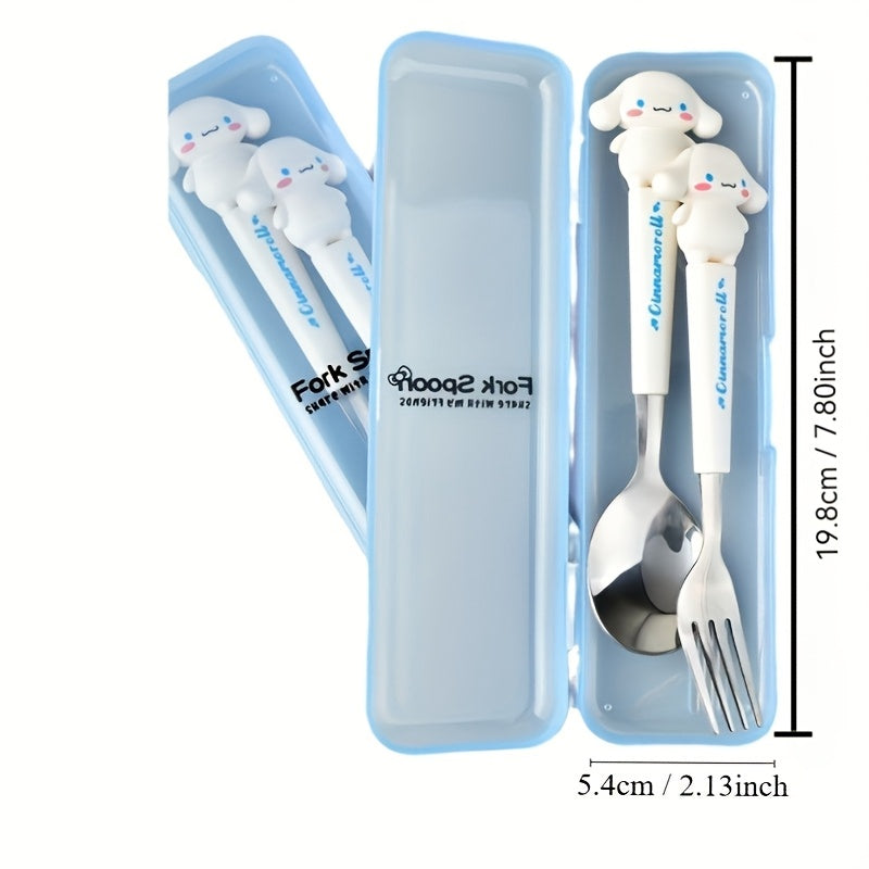 A Sanrio Tableware Set Featuring a Hello Kitty Cartoon Fork And Spoon, Packaged in a Box, Perfect for Families, Dorms, Camping, And Picnics with Its Adorable Design.