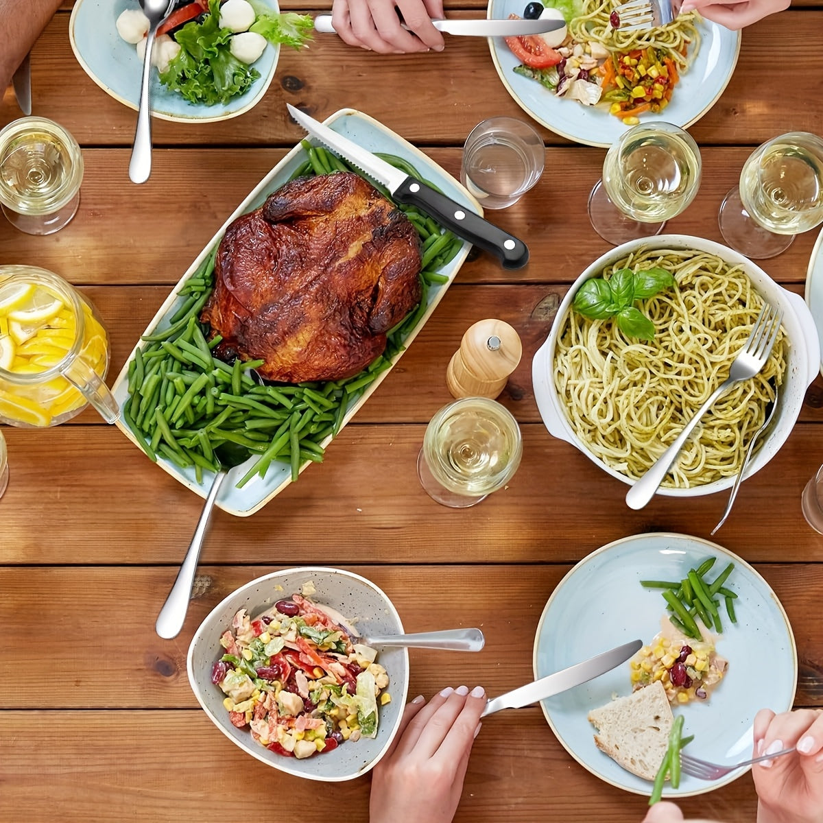 27pcs Portable Durable Outdoor Picnic Tool Set, Stainless Steel High-Quality Tableware with Dinner Knife, Forks, Plates, Soup Spoon, Coffee Spoon, Chopsticks Tablecloth, Straw Set, Bottle Opener, Cleaning Cloth Clips and Storage Bag, Reusable, Dishwasher