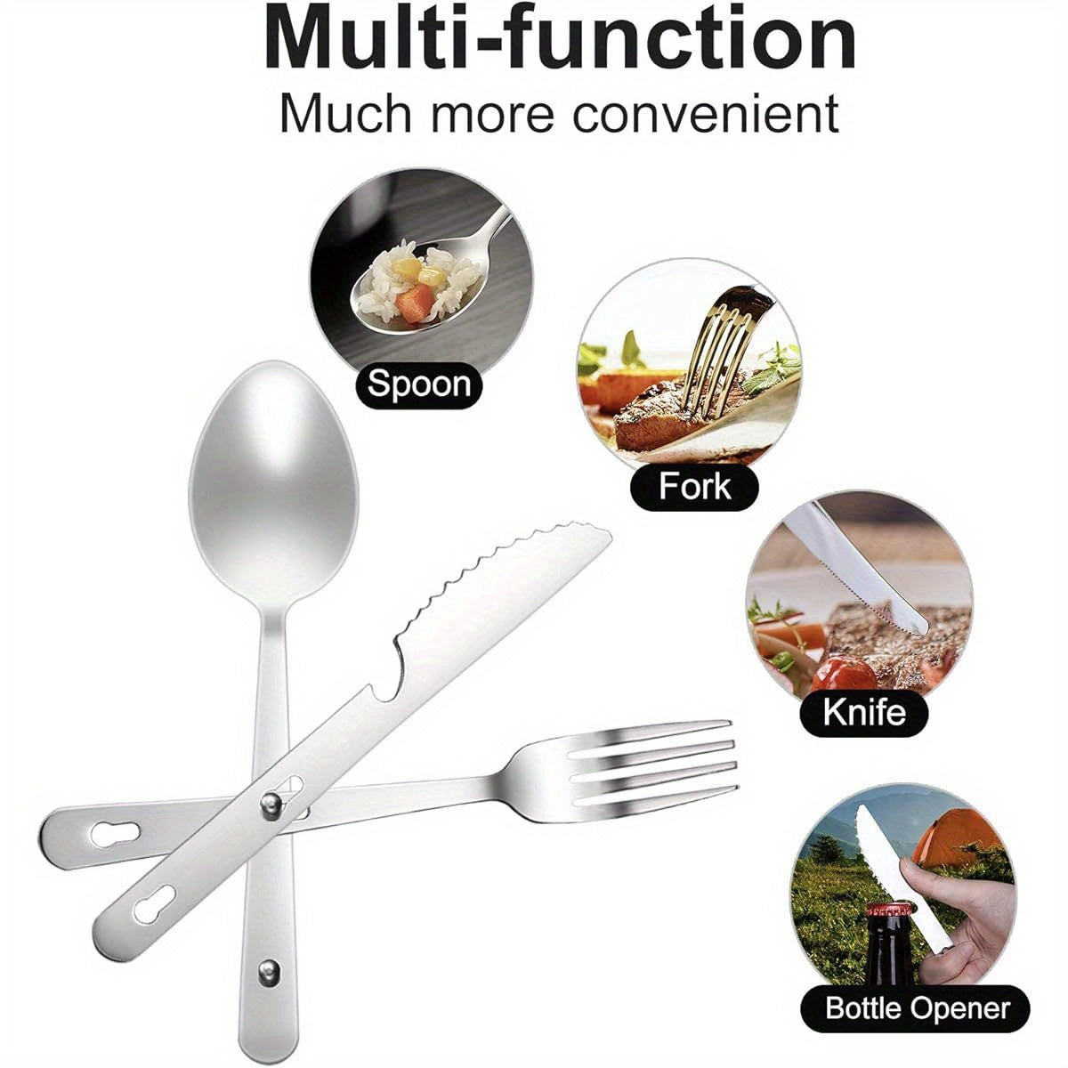 4- in- 1 Camping Utensils 3- Pack, Portable Stainless Steel Spoon, Fork, Knife & Bottle Opener Combo Set, Travel/ Camping/ Hiking/ Picnic/ Barbecue/ Outdoor Backpacking Utensils with Carrying Bag, Camping Accessories And Equipment, Cutlery Camping, Picnic