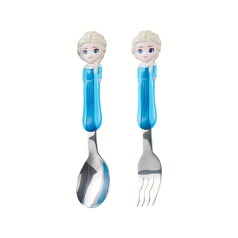 2pcs Frozen Elsa & Cars McQueen Fork & Spoon Set, Creative Reusable Dinnerware Set with Red Handles, Ideal for Home, Office, Kitchen, Camping, Birthday, Christmas, Halloween Gift