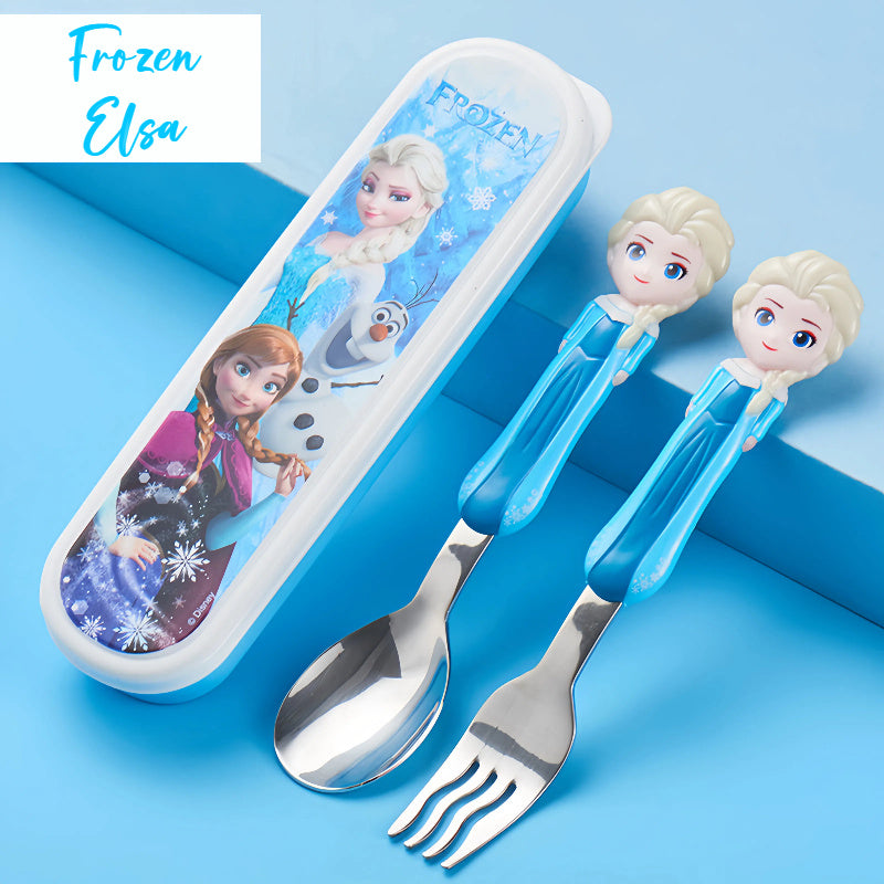 2pcs Frozen Elsa & Cars McQueen Fork & Spoon Set, Creative Reusable Dinnerware Set with Red Handles, Ideal for Home, Office, Kitchen, Camping, Birthday, Christmas, Halloween Gift